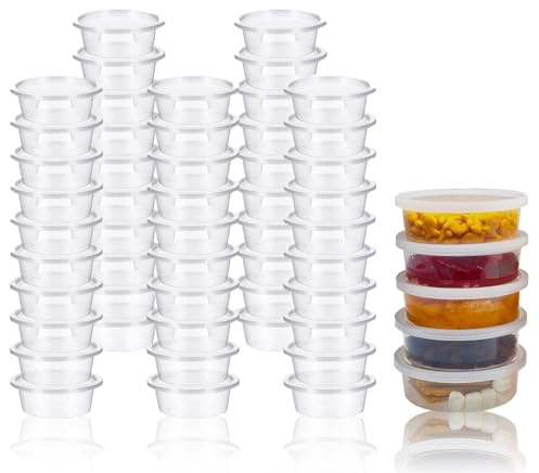 Lot de 50 récipients ronds empilables avec couvercles, en plastique transparent et étanche pour petites sauces, chutney, ketchup, salades (50 ml)
