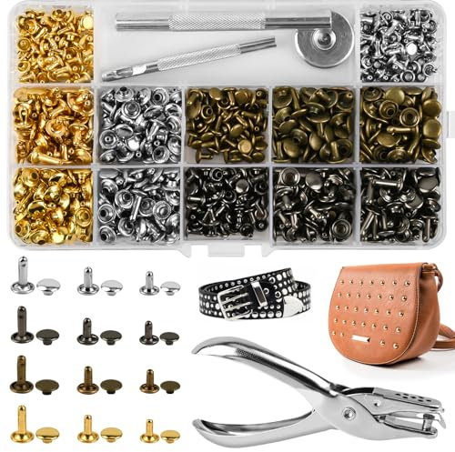 CEOTIS 365 Stück Hohlnieten für Leder,Leder Nieten Set Doppelkappe mit Nietenzange Lochzange Hohlnieten 12mm 8mm 6mm Nieten für Leder Nieten für Kleidung,mit 3 Werkzeug, Doppelkappe Nieten 4 Farben