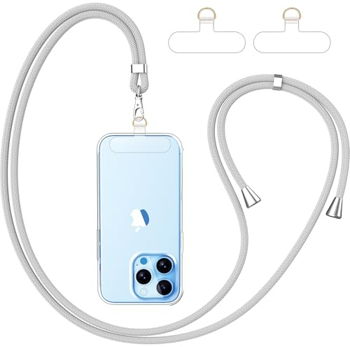 caslord Cordon para Movil Universal, con 2 Parches Duraderos, Colgante para Teléfono Compatible con Todos Los Teléfonos Inteligentes y la Mayoría de los Funda - Transparente+Gris Claro