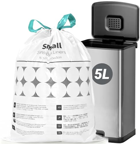 OKKEAI 5L Bin Bags Small Pedal Bin Liners with Strong Tie Handles Waste Paper Bin Liners White, 70 Drawstring Trash Bags for Bathroom/Office