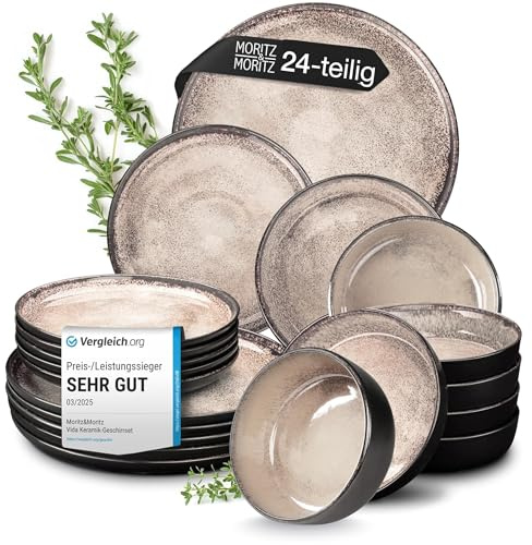 Moritz & Moritz VIDA Geschirrset 6 Personen Beige 24-tlg. - Modernes Porzellan Geschirr Set - Kratz-, Mikrowellen- & Spülmaschinenfest, Essgeschirr, Tafelservice, Kombiservice 6 Personen