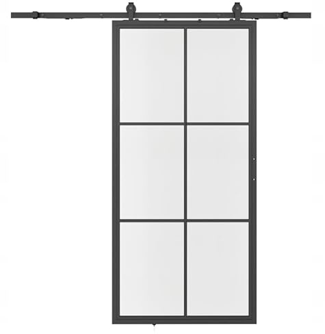 Schiebetür 90x210 cm | Lofttür mit Stahlrahmen und 6 Feldern aus gehärtetem Glas im modernen Industrial Design | Glasschiebetür für platzsparende Raumlösungen in Innenbereichen | Glastür | Schwarz