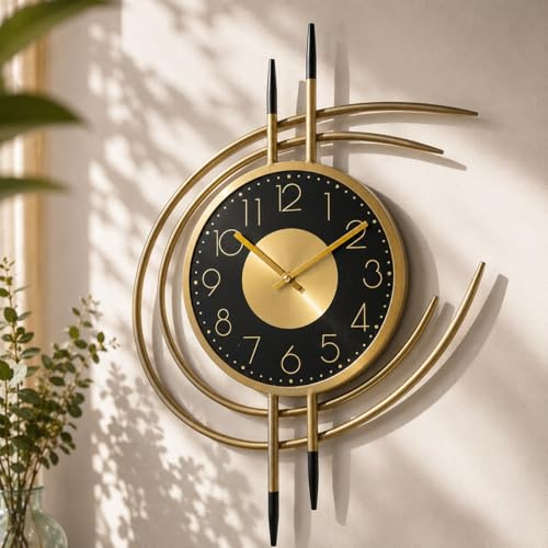 K&L Wall Art 54cm große goldene Wanduhr für Wohnzimmer Uhr ohne Tickgeräusche Metalluhr Schwarz Gold Wanduhren Goldoptik