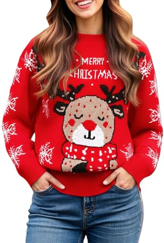 Dam ful tryckt jul toppar dam fashionabla avslappnade jul rådjur rund hals stickad tröja med lös pullover tröja för det dagliga livet julklappar, Röd, L
