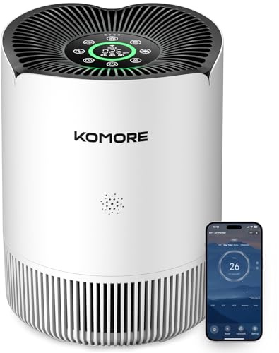 KOMORE Air Purifier for Bedroom, Smart WiFi Hepa Air Filter for Home, CADR 158m³/h, PM2.5 Monitor, 4 Speed Quiet Sleep Auto Mode with Timer Child Lock Air-purifier for Smoke Pet Odors Pollen