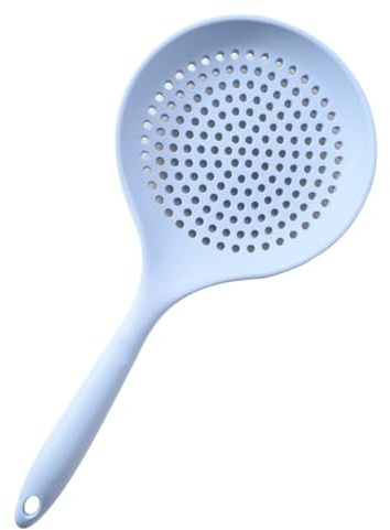 Cucchiaio e scolapasta in silicone per cucinare da 17 cm, resistente al calore, con manico lungo, per friggere uova e verdure bollenti, lavabile in lavastoviglie, blu o bianco