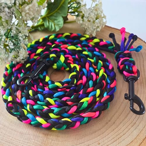 schwarz-Bunte Paracord Hundeleine – Robuste, reißfeste Führleine – Handgemachte Führleine für kleine & große Hunde – Wetterfest, langlebig (2,00 m)