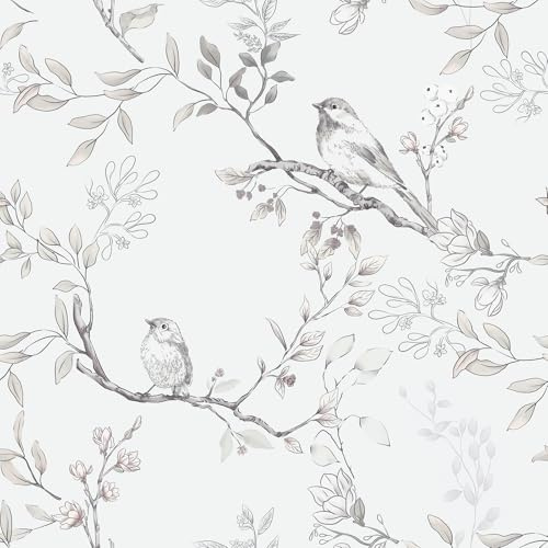 Timeet Selbstklebende Tapete Beige Blumetapete 44CM×3M Klebefolie Möbel Blume und Vogel Tapete Wasserdicht Möbelfolie Selbstklebend Abnehmbar Vinyl Folie Dekorfolie für Wohnzimmer Schlafzimmer Küche