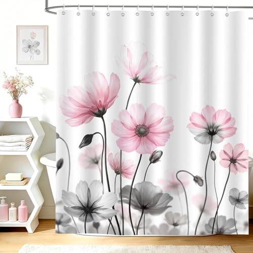 hometrixx Tenda Doccia Boho Primavera 180 x 200 cm Acquerello Fiori Margherita Rosa Grigio Elegante Poliestere Impermeabile Tenda Vasca da Bagno con 12 Ganci Lavabile in Lavatrice per Casa Hotel