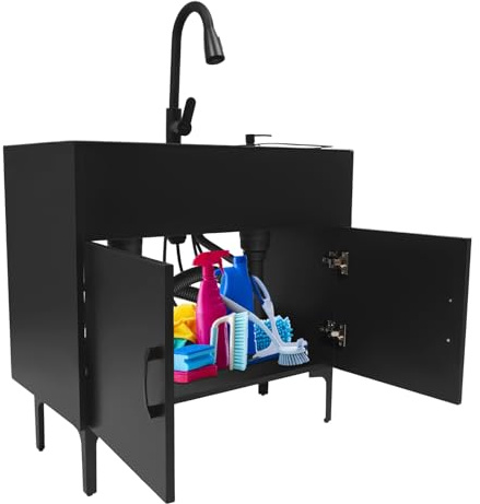 Spüle mit Unterschrank Schwarz 81cm, Freistehende Küchenspüle aus 304 Edelstahl mit Doppelbecken & Ausziehbarer Armatur – Spülenschrank mit Abtropfkorb & Seifenspender