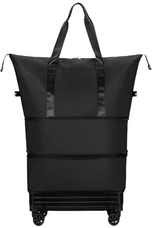 KUASHDBC Hopfällbar handväska med hjul och vagnskydd, expanderbar resväska, lätt handbagage med hjul, alternativ till weekendresan för övernattning(svart)