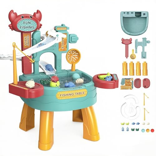 Tavolo acquatico per bambini, 35x45x49 cm Set da gioco sensoriale con attività acquatiche e sabbia con ricircolo corsa e set di giocattoli da pesca, Giochi estivi all'aperto per bambini da 1 a 3 anni