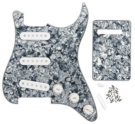 FLEOR Kompletter Satz ST Guitar SSS Pickguard Backplate mit 3 Stk. 52mm Pickup Covers 2T1V Bedienknöpfe Selector Tip Arm Bar Cap, Graue Perle
