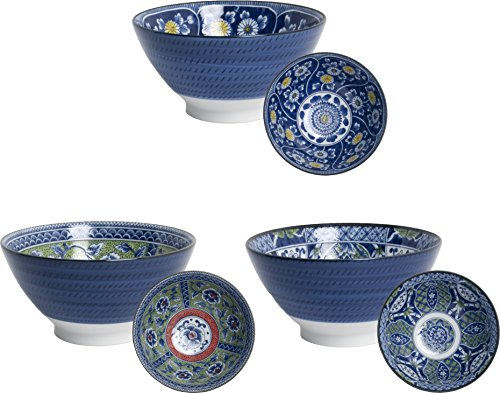 AAF Nommel ®, 3 japanische Schalen Suppe Reis Müsli Ø 18cm Japan Porzellan Set in 3 verschiedenen Dessin, Nr 86