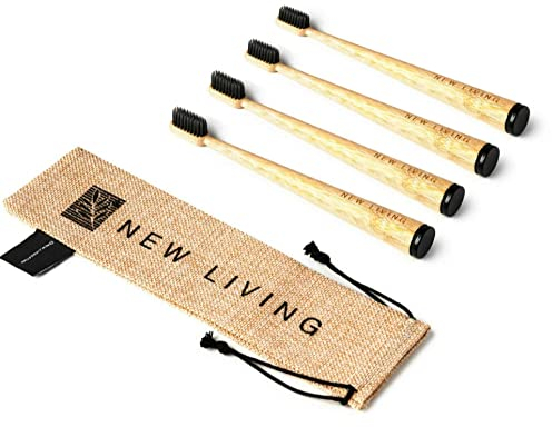Bamboo Toothbrush 4 Pcs | Charcoal Infused Soft Bristles | Included Carry Case | Eco Product | BPA Free | Travel Toothbrush