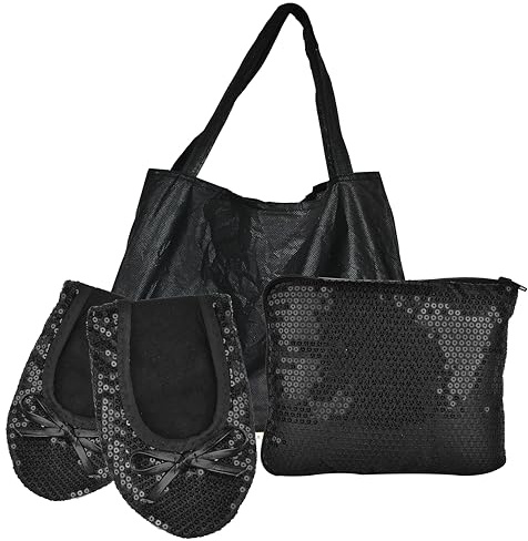 Women's Foldable Flats – Portable Ballet Slippers Shoes for Travel, Wedding – Fits in Purse with Expandable Tote Bag (XL, Black Sequin)