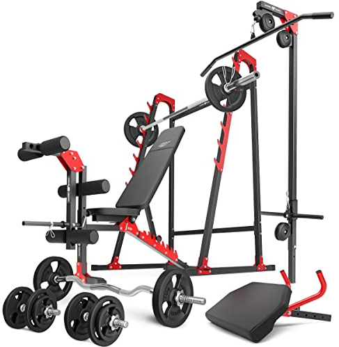 Marbo Sport - Set MH26 – verstellbare Hantelbank, Langehantelständer, Latzug, Curl-Bank, Beintrainer, 1 x SZ-Curlstange, 2 x Kurzhantelstange, 1 x Langhantelstange + Gewichtsscheiben 83 insg. Kg