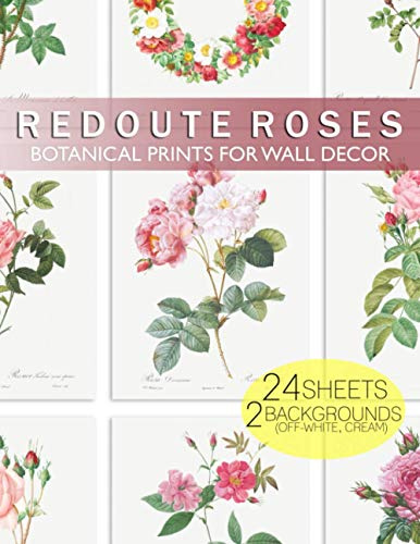 Redoute Roses Botanical Prints for Wall Decor: 24 cut-out ready to frame vintage wall art rose illustrations on white and cream backgrounds