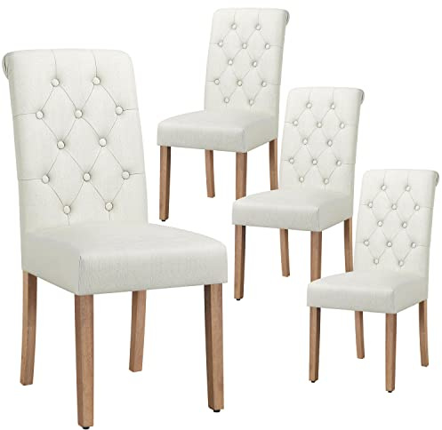 Yaheetech Dining Chairs Set of 4 Classic Upholstered Fabric Dining Room Chairs with High Back Soft Padded Seat and Wooden Legs for Living Room, Kitchen, Restaurants, Beige