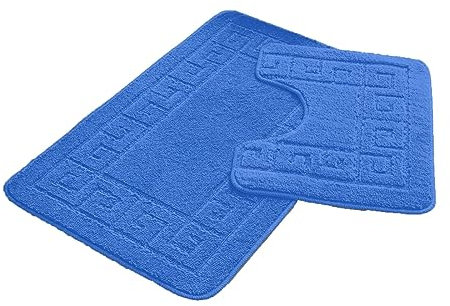 FAIRWAYUK Bathroom Mats Sets 2 Pieces, Ultra Plush Greek Pattern Bath Toilet Mat Anti Slip Pedestal Set, Extra Absorbent 100% Polypropylene Rug, Bathroom Accessory (Blue)