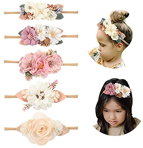 Cinaci 5 Pack White Pink Delicate Rose Flower Nylon Headbands Floral Hair Bows Daisy Flowers Headband Elastic Hair Bands Easter Christmas Hair Accessories for Baby Girls Newborns Infants Toddlers Kids