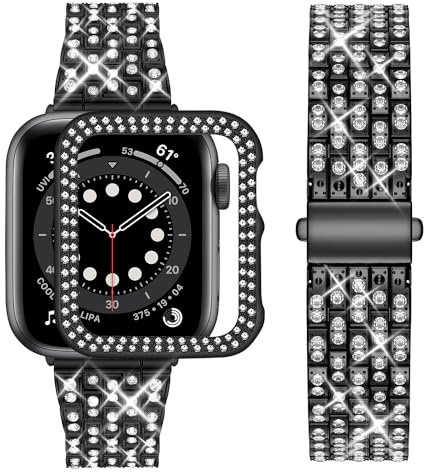 wutwuk Kompatibel mit Apple Watch Armband 40mm 42mm 41mm 44mm 45mm 38mm 46mm Damen Glitzer Band für iWatch Series 11 10 9 8 7 SE 6 5 4 3 2 1 mit Diamant Strassstein Harter Schutzrahmen Frauen