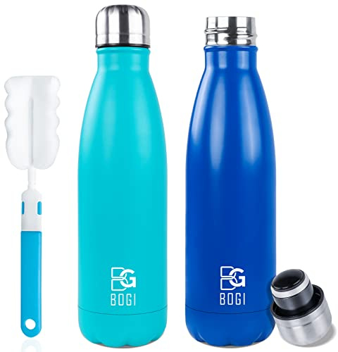 BOGI Isolierte Wasserflasche, doppelwandig, Vakuum, Edelstahl, auslaufsicher, hält Getränke heiß und kalt, perfekt für Outdoor-Sport, Camping, Minze + Dblue, 2 Stück