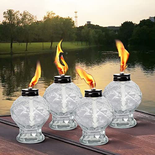 DIKAIDA 4 Pack Glass Table Torch,Citronella top Torches with Wick and Cap for Outdoor ,Refillable Landscape Lanterns Yard Patio Christmas Garden,Party Decor 8.19 x 8.11 6.65 inches
