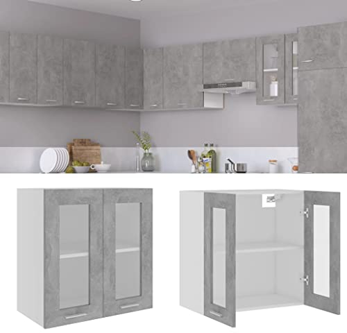 homiuse Hängeglasschrank Betongrau 60x31x60 cm Holz KüChenschrank HäNgeschrank KüChe Vorratsschrank Schrank Klein Apothekerschrank KüChenschräNke Haushaltsschrank Wandschrank HäNgend Zwei Regale