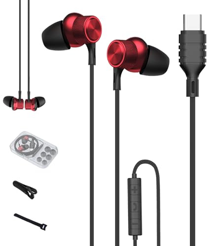 ZXQ Ecouteur USB C Intra Auriculaires Filaires,Écouteurs Type C avec Microphone pour iPhone 15 Pro Max iPad Air Samsung Galaxy A53 A54 S23 S22 S21 FE S20 Pixel One Plus Huawei Mate 60 P40 (Rouge)