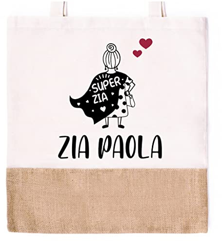 Caribu design Borsa Shopper Personalizzata con Nome 100% Cotone + Banda in Juta - Dimensioni 37 x 41 cm con Manici Lunghi - Idea Regalo (Super Zia)