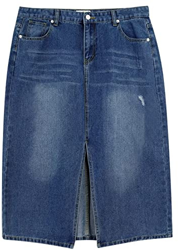 s.lemon Gonna di Jeans, Donna Vita Alta al Ginocchio Midi Svasata Denim Gonna Jeans con Spacco Davanti Blu L