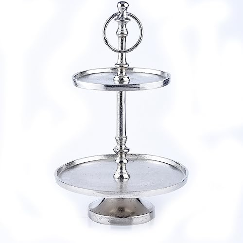 Marrakech Deko Aesthetic Alzata a 2 ripiani, ciotola per frutta rotonda, argento, 34 cm di altezza, 2 vassoi come candybar, decorazione moderna per cucina o soggiorno, supporto per cupcake in