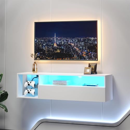 SogesHome TV-Bänke & Lowboards TV​​ Fernsehschrank​​ TV-Tisch TV-Ständer mit Schränk mit Türen und 2 offenen TV-Wandtisch mit LED-Beleuchtung​​ für Wohnzimmer, Schlafzimmer, 100 cm