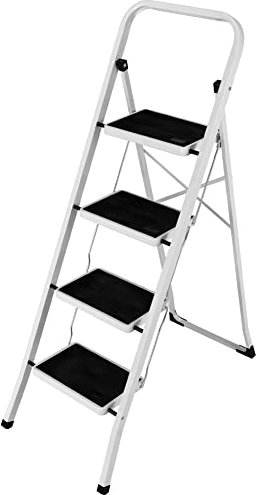 Bakaji Scala Pieghevole Quadrata, Scaletta Salvaspazio con 4 Gradini Antiscivolo e Maniglione di Sicurezza Struttura in Acciaio e Rivestimento in Gomma Portata massima 150kg