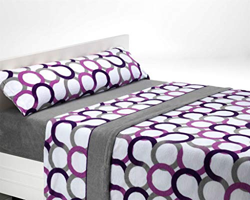 SABANALIA Sábanas Coralina Aros Cama 160x200 Invierno | 4 piezas: bajera ajustable, encimera y 2 fundas de almohada. Poliéster térmico, estampado de aros. Color Lila - Gris.