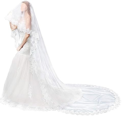 LJRPUPY 1 Tier Hochzeit Braut Schleier Spitze Rand Kathedrale Länge Brautschleier Braut Tüll Haarschmuck Ohne Kamm, Weiss/opulenter Garten, 118/3m