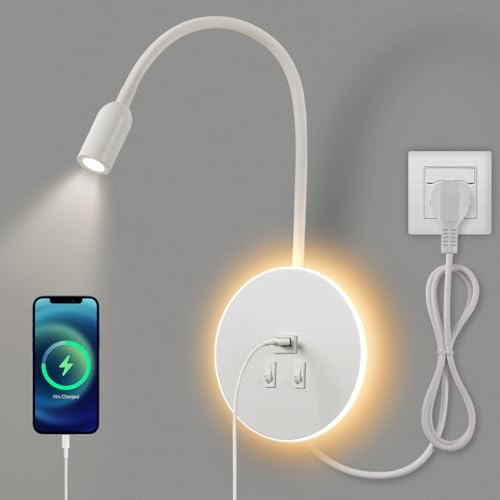 Awekliy aplique de pared LED, lámpara de cuello de cisne flexible, luz de lectura junto a la cama con interruptor, puerto de carga USB, luz ambiental del dormitorio (3W +8W) Con cable y enchufe,Blanca