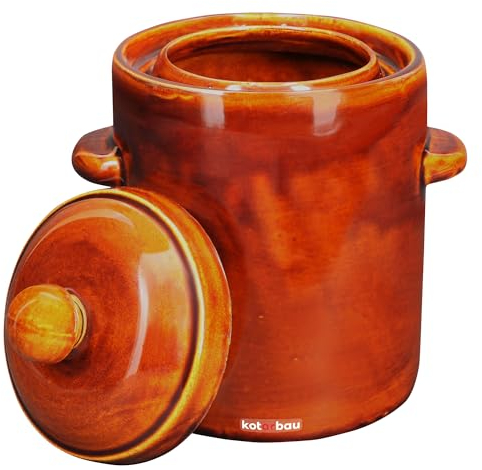 KOTARBAU® Pot de fermentation en grès, marron, 2,5 L, avec couvercle hermétique, pot à choucroute, pot à cornichons, pot de conserve, tonneau en céramique avec rigole d'eau, grès, récipient en grès