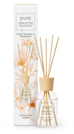 PURE ROOM EDITION 100ml Raumduft Orange & Mandarine: natürliche Inhaltsstoffe, vegan & tierversuchsfrei, Bio-Alkohol, Diffuser mit Stäbchen hergestellt in Italien