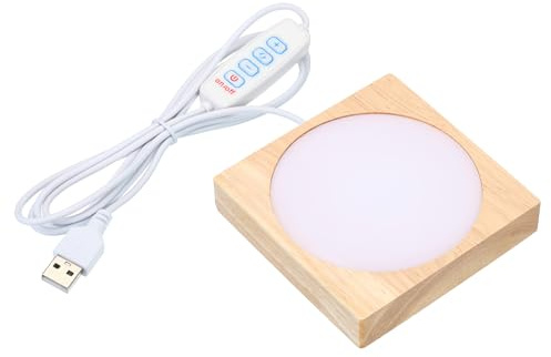PATIKIL Base de luz LED de madera de 4 x 4 pulgadas, base de exhibición de luz de madera con regulador de intensidad para arte de piedra aromática de cristal 3D, luz blanca de 3 colores
