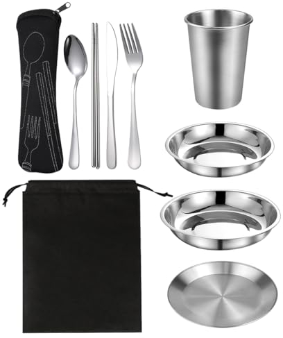 10 Stück Edelstahl Camping Geschirr Set, Outdoor Besteck 2 Personen Mit Essteller, Teller, Tasse, Löffel, Gabel, Messer, Chopsticks, Campinggeschirr für Camping, Reisen, Picknick