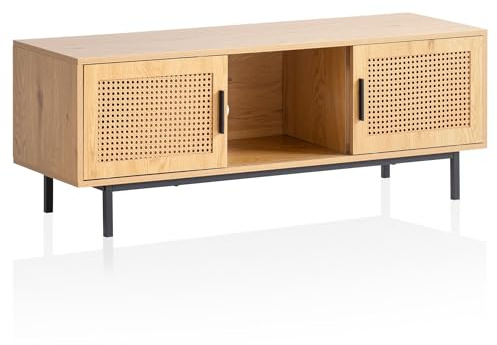 FineBuy Lowboard 120x40x45,5 cm Eiche-Dekor Rattan, Schiebetüren | TV-Kommode zeitlos mit Wiener Geflecht, Fernsehschrank hoch, Fernsehtisch für Fernseher bis 55 Zoll