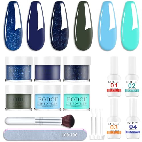 EODCI 6 colori Dipping Powder Kit, Dipping Unghie Polvere Blu Navy Dip Polvere con Dip Liquid Base Attivator Top Gel Accessori Unghie Fai da te Regali per Donne