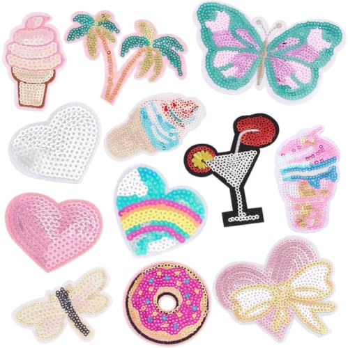 PH PandaHall 12 Styles Bügelbilder Applikationen Bestickte Patches Bügelbilder Glitzer Pailletten Aufkleber Für Kleidung Taschen Jacken Sommerurlaub
