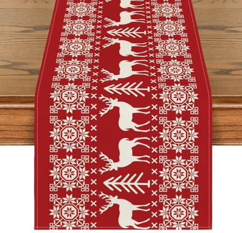 Artoid Mode Rot Rentier Weihnachten Tischläufer, Winter Xmas Küche Tisch Dekoration Drinnen Urlaub Party Dekor 40x180 cm