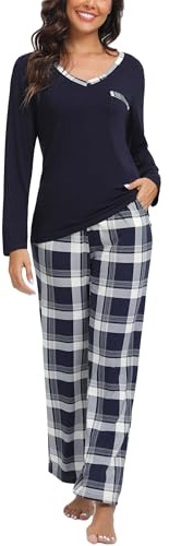 Pyjama Femme Long Coton Ensemble Vêtement d'Intérieur Haut et Bas Carreaux Plaid Femme Tee Shirt Manches Longues Col V Boutons Vêtement de Nuit Pantalons de Pyjama Printemps Douce Confortable