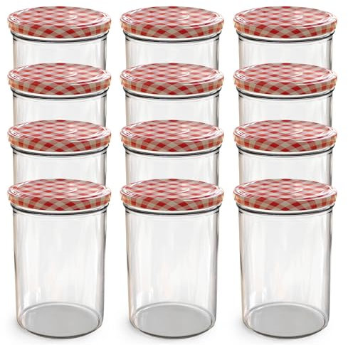 Oputec 12 barattoli da 440 ml con coperchio a vite TO 82 a quadretti rossi, perfetti per marmellate, confetture e altro ancora, grandi barattoli con coperchio, ideali come barattoli per marmellate e