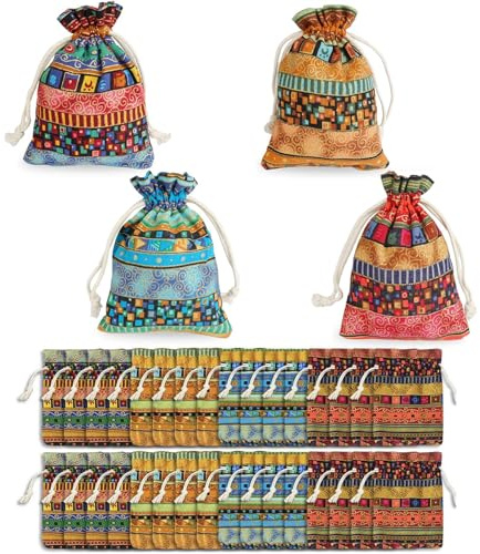 32 tygpåsar med dragsko, bomullsjute linen, presentpåsar, etnisk stil, tvättbara och lätta, presentpåsar för jul, födelsedag, bröllop, fest (10 x 14 cm)