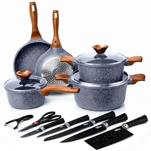 La Moustache - Batería de Cocina de Aluminio con Antiadherente | 8 Piezas Amalfi + 5 Cuchillos Inoxidables con Pelador de Verduras y Tijeras, Ollas/Sartenes para Todas las Cocinas, Incluso Inducción